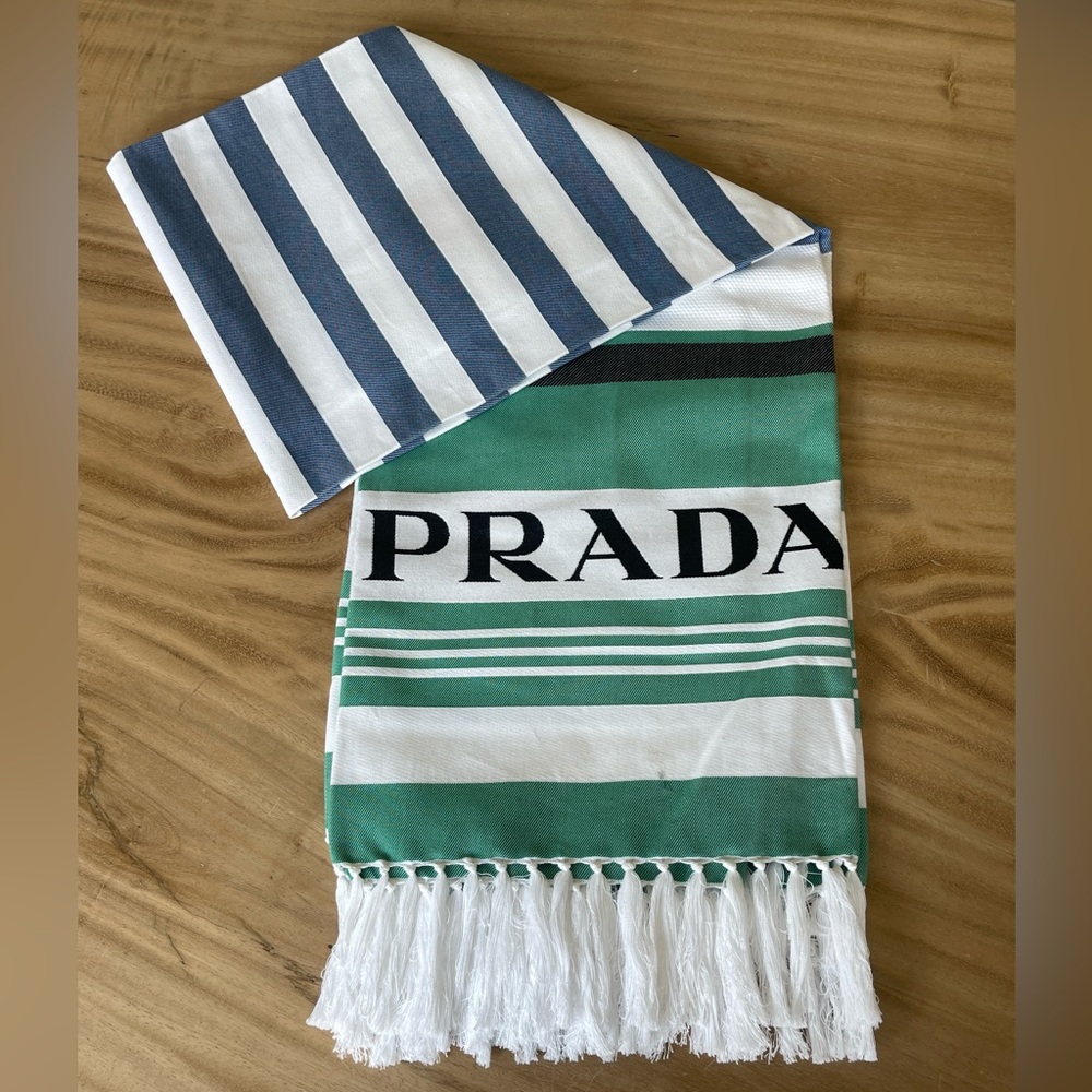 Prada Picnic Blanket White Blue and Green Striped